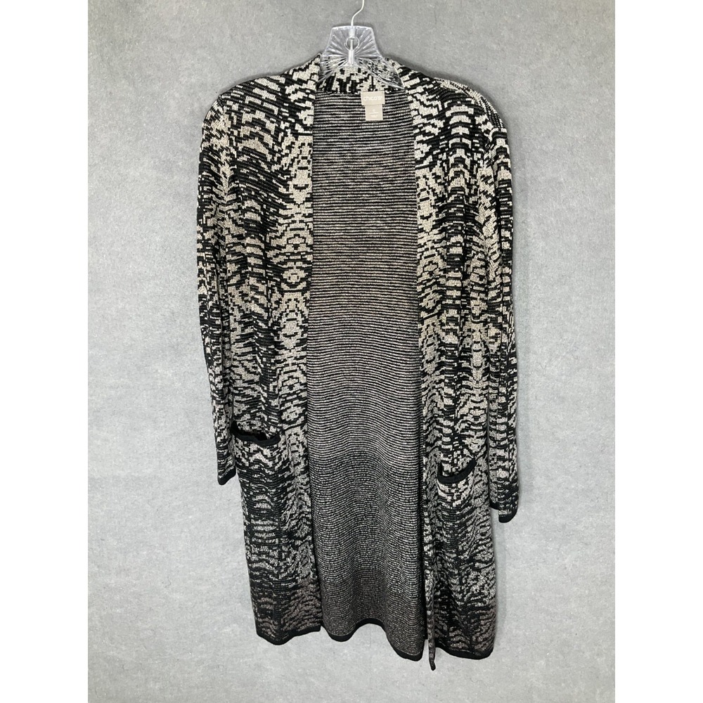 Chico's Cardigan Womens S Black Metallic Gold Thread Open Front Pockets Sweater